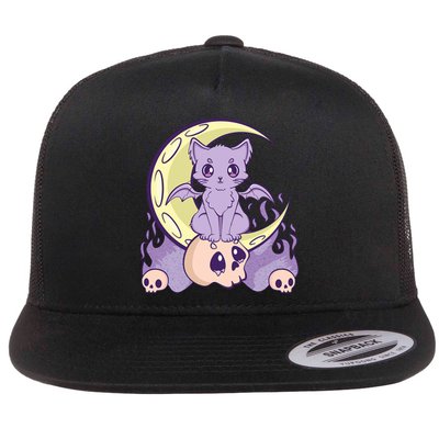 Kawaii Pastel Goth Cute Creepy Witchy Cat And Skull Anime Nu Flat Bill Trucker Hat