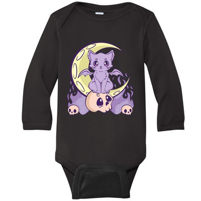 Kawaii Pastel Goth Cute Creepy Witchy Cat And Skull Anime Nu Baby Long Sleeve Bodysuit