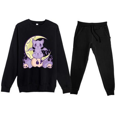 Kawaii Pastel Goth Cute Creepy Witchy Cat And Skull Anime Nu Premium Crewneck Sweatsuit Set