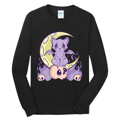 Kawaii Pastel Goth Cute Creepy Witchy Cat And Skull Anime Nu Tall Long Sleeve T-Shirt