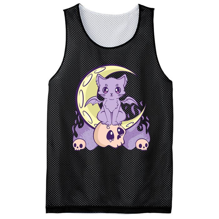 Kawaii Pastel Goth Cute Creepy Witchy Cat And Skull Anime Nu Mesh Reversible Basketball Jersey Tank