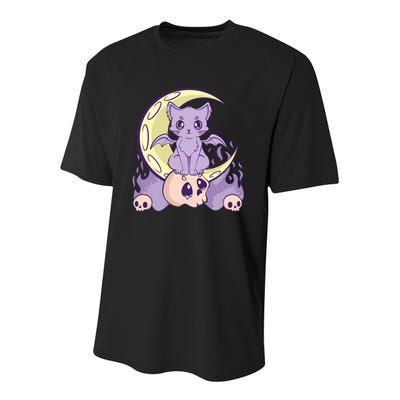 Kawaii Pastel Goth Cute Creepy Witchy Cat And Skull Anime Nu Youth Performance Sprint T-Shirt