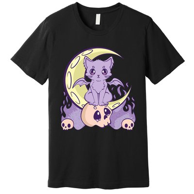 Kawaii Pastel Goth Cute Creepy Witchy Cat And Skull Anime Nu Premium T-Shirt