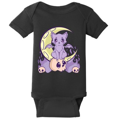 Kawaii Pastel Goth Cute Creepy Witchy Cat And Skull Anime Nu Baby Bodysuit