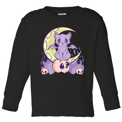 Kawaii Pastel Goth Cute Creepy Witchy Cat And Skull Anime Nu Toddler Long Sleeve Shirt