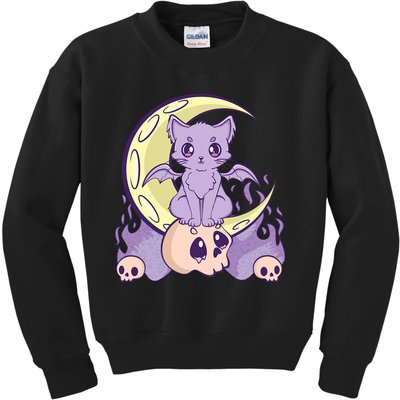 Kawaii Pastel Goth Cute Creepy Witchy Cat And Skull Anime Nu Kids Sweatshirt