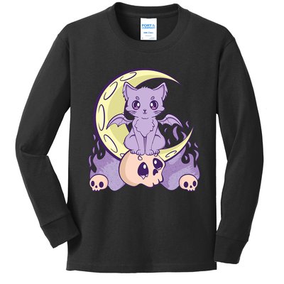 Kawaii Pastel Goth Cute Creepy Witchy Cat And Skull Anime Nu Kids Long Sleeve Shirt