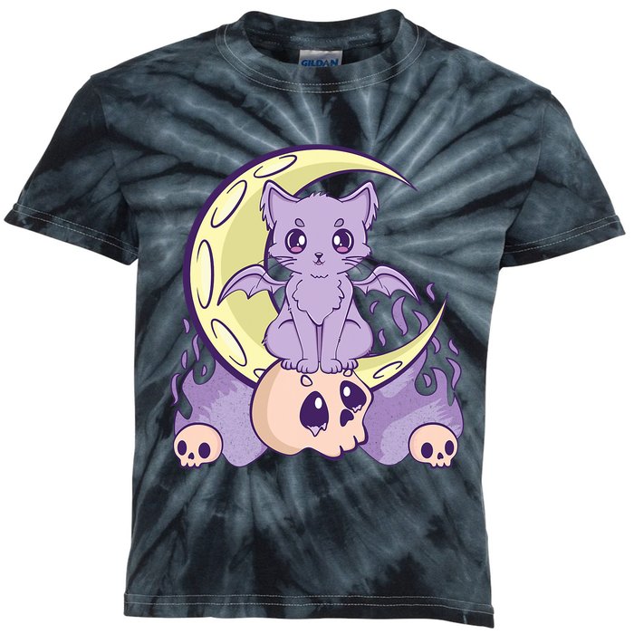 Kawaii Pastel Goth Cute Creepy Witchy Cat And Skull Anime Nu Kids Tie-Dye T-Shirt