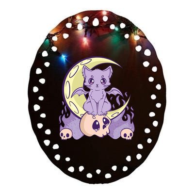 Kawaii Pastel Goth Cute Creepy Witchy Cat And Skull Anime Nu Ceramic Oval Ornament