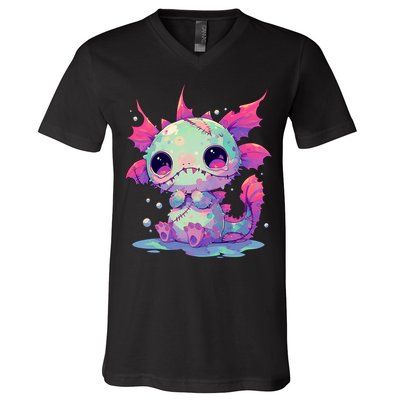 Kawaii Pastel Goth Creepy Cute Zombie Axolotl V-Neck T-Shirt