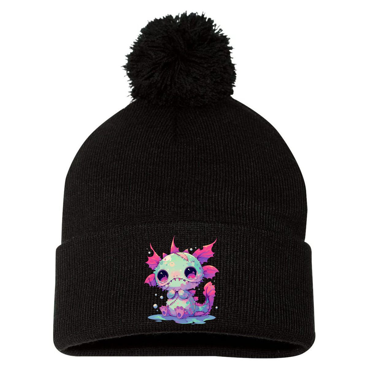 Kawaii Pastel Goth Creepy Cute Zombie Axolotl Pom Pom 12in Knit Beanie