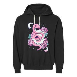 Kawaii Pastel Goth Cute Creepy Skull Serpent Snake Roses Garment-Dyed Fleece Hoodie