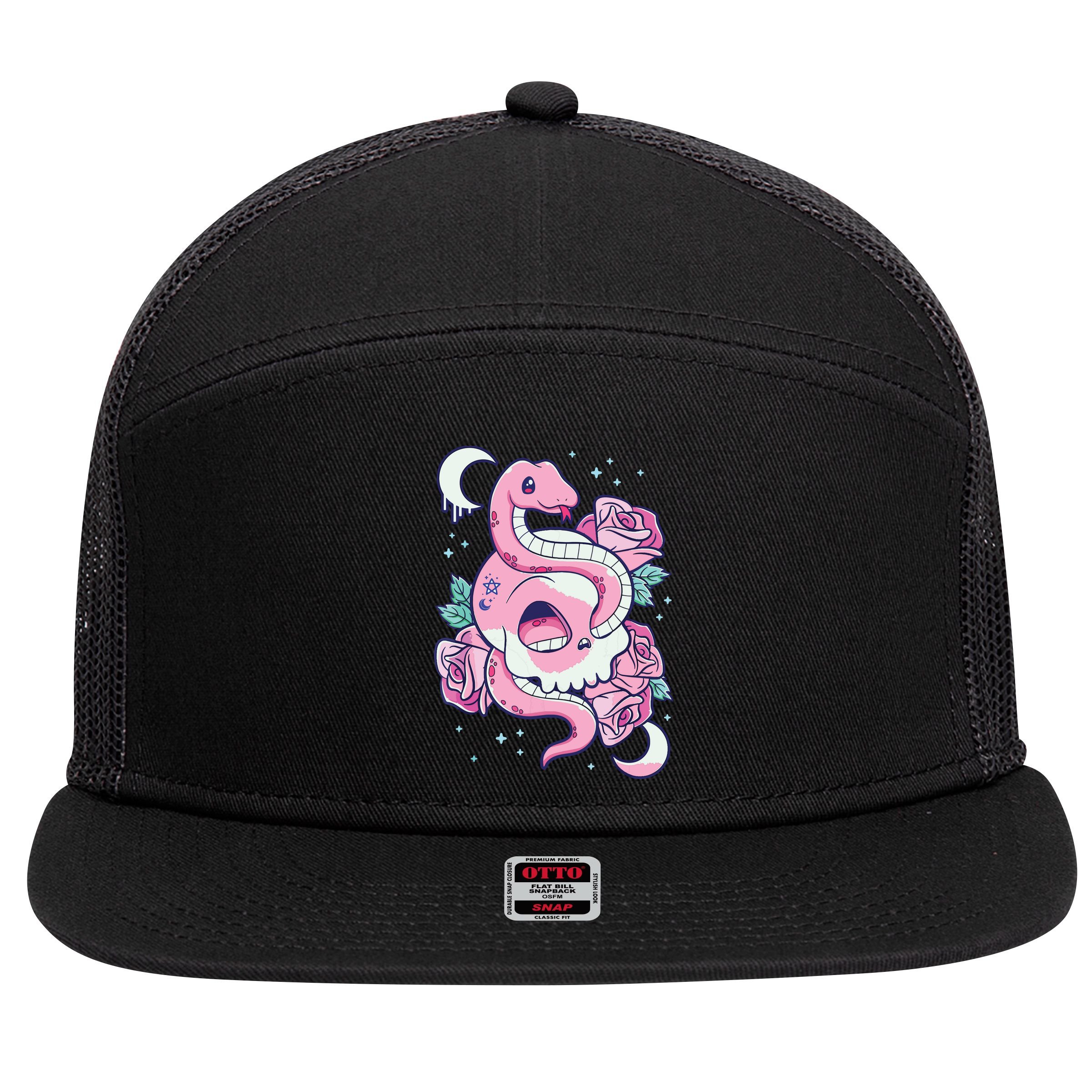 Kawaii Pastel Goth Cute Creepy Skull Serpent Snake Roses 7 Panel Mesh Trucker Snapback Hat