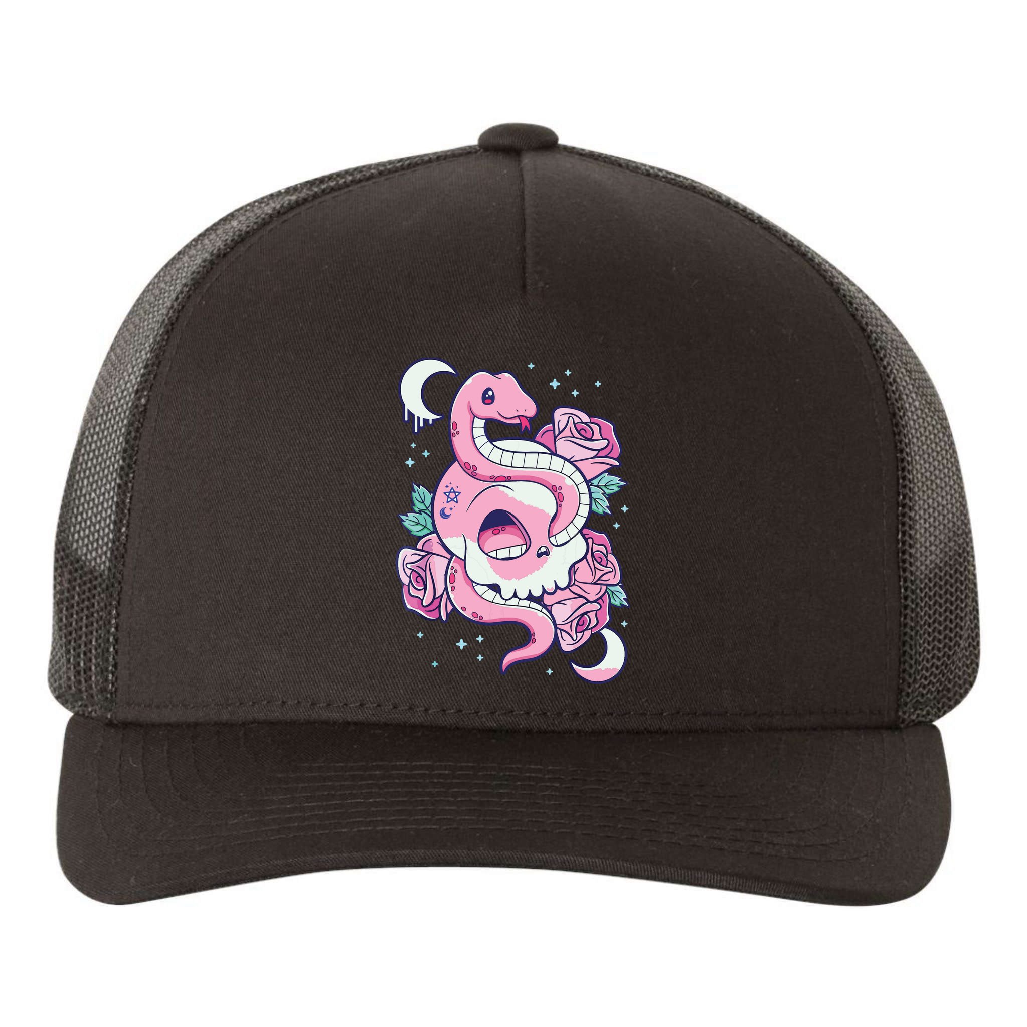 Kawaii Pastel Goth Cute Creepy Skull Serpent Snake Roses Yupoong Adult 5-Panel Trucker Hat