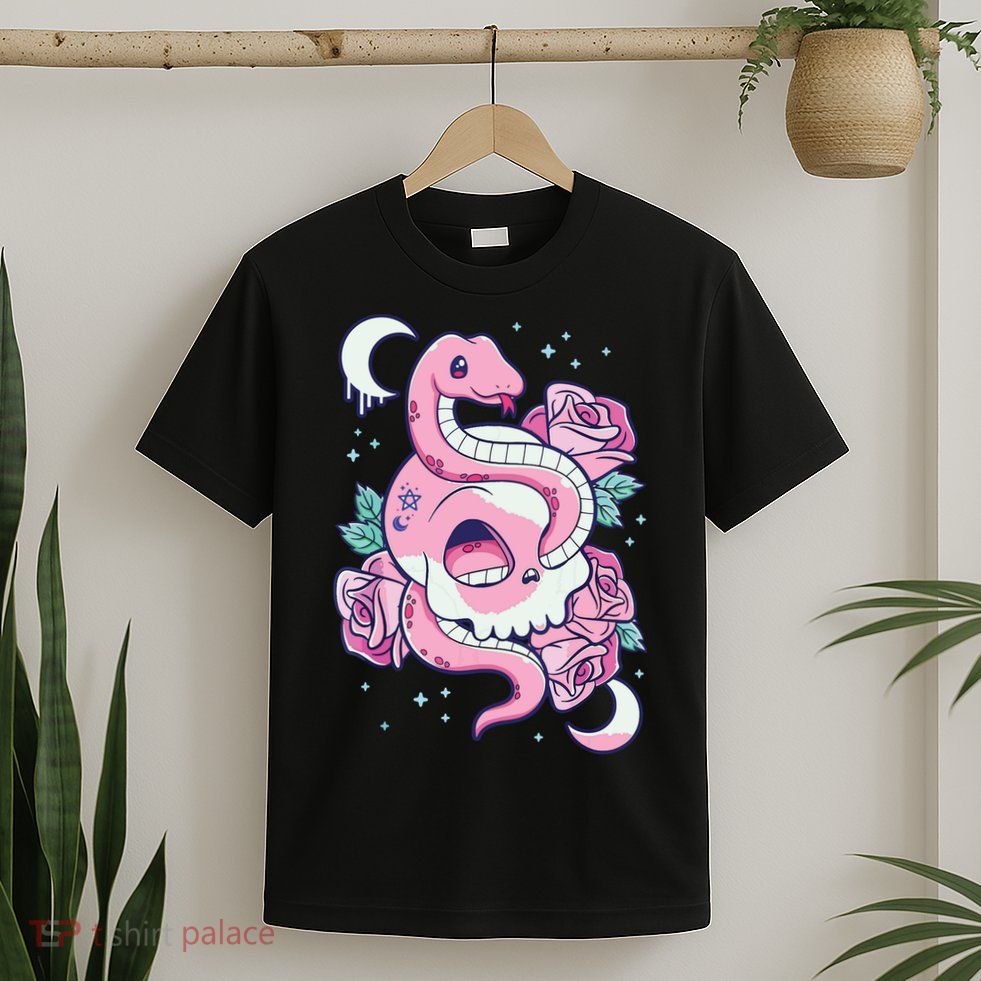 Kawaii Pastel Goth Cute Creepy Skull Serpent Snake Roses T-Shirt