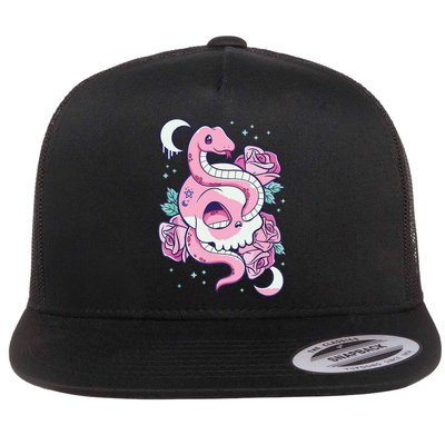 Kawaii Pastel Goth Cute Creepy Skull Serpent Snake Roses Flatbill Hat