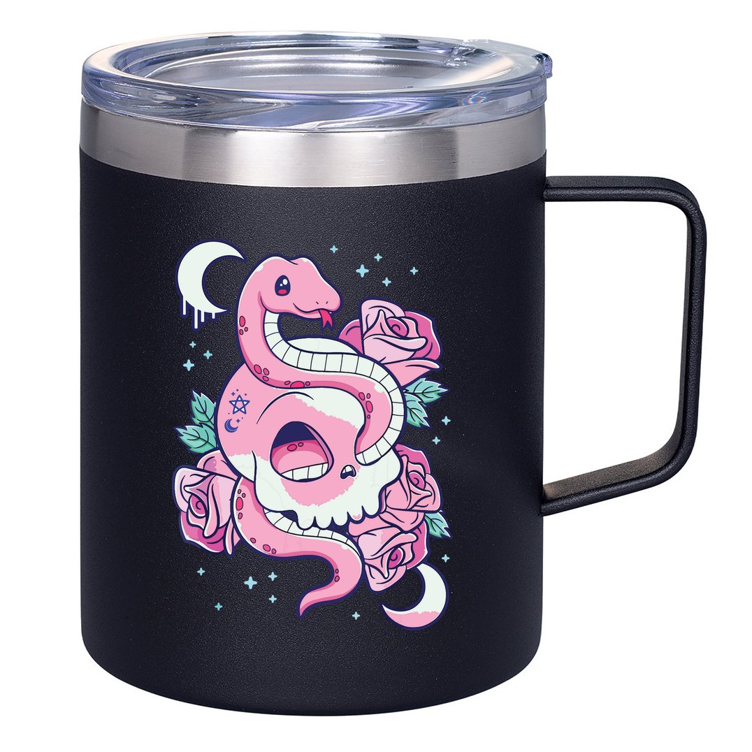 Kawaii Pastel Goth Cute Creepy Skull Serpent Snake Roses 12oz Stainless Steel Coffee Mug