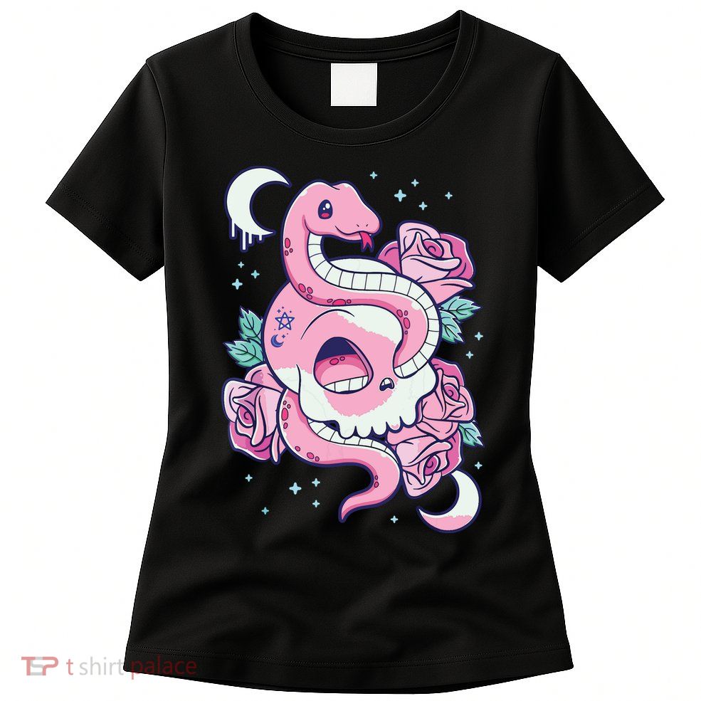 Kawaii Pastel Goth Cute Creepy Skull Serpent Snake Roses Womens T-Shirt