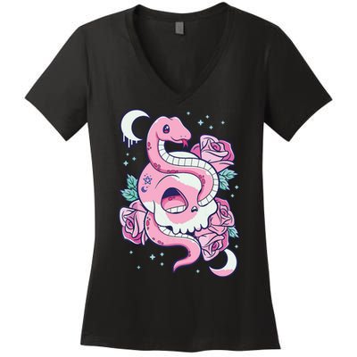 Kawaii Pastel Goth Cute Creepy Skull Serpent Snake Roses Women's V-Neck T-Shirt
