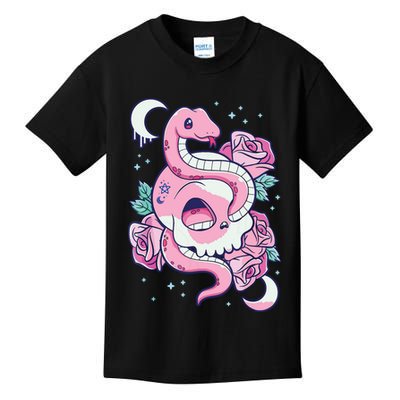 Kawaii Pastel Goth Cute Creepy Skull Serpent Snake Roses Kids T-Shirt