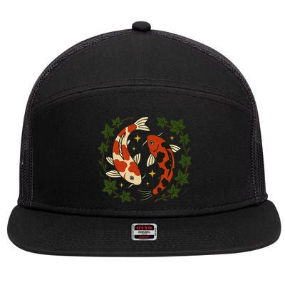 Koi Pond Illustration Koi Lovers Artwork Koi Fish 7 Panel Mesh Trucker Snapback Hat