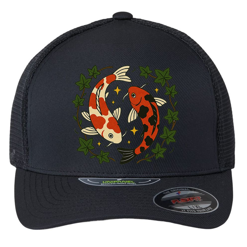 Koi Pond Illustration Koi Lovers Artwork Koi Fish Flexfit Unipanel Trucker Cap