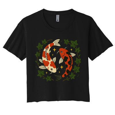 Koi Pond Illustration Koi Lovers Artwork Koi Fish Women's Crop Top Tee