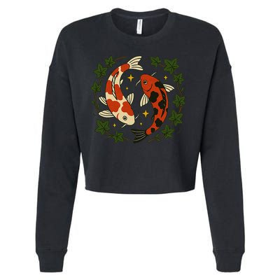 Koi Pond Illustration Koi Lovers Artwork Koi Fish Cropped Pullover Crew