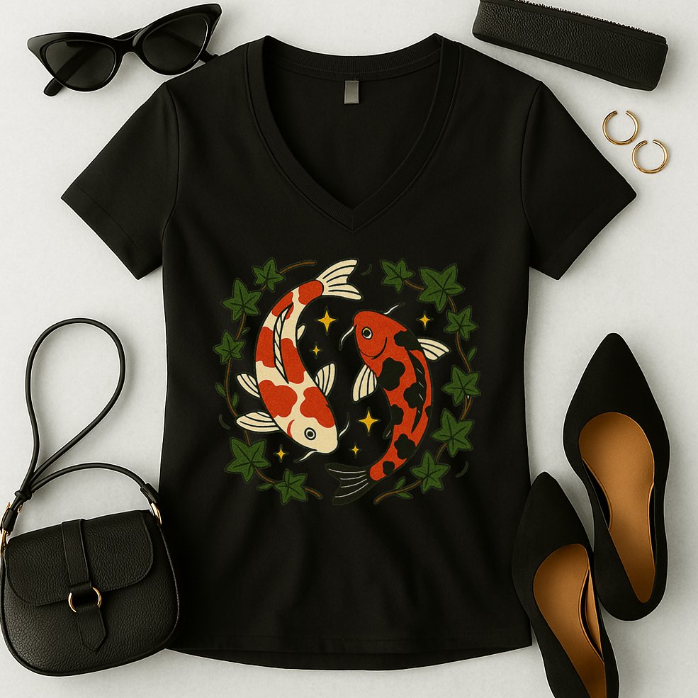 Koi Pond Illustration Koi Lovers Artwork Koi Fish Women's V-Neck T-Shirt
