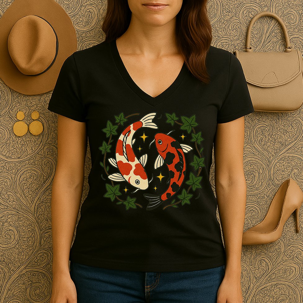Koi Pond Illustration Koi Lovers Artwork Koi Fish Women's V-Neck T-Shirt