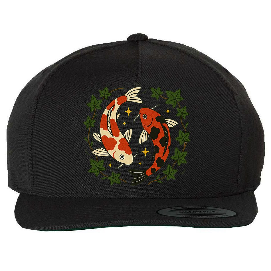 Koi Pond Illustration Koi Lovers Artwork Koi Fish Wool Snapback Cap