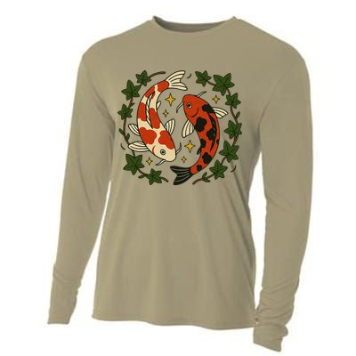 Koi Pond Illustration Koi Lovers Artwork Koi Fish Cooling Performance Long Sleeve Crew