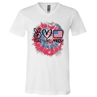 Kids Peace Love America Tie Dye 4th Of July Girl US Flag V-Neck T-Shirt