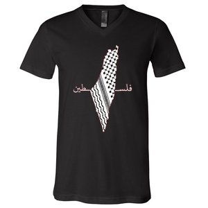 Keffiyeh Palestine Map Arabic Scarf Shemagh Palestinian Flag V-Neck T-Shirt