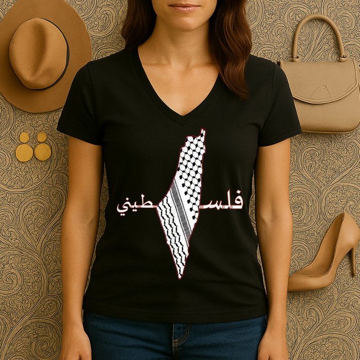 Keffiyeh Palestine Map Scarf Shemagh Palestinians Women's V-Neck T-Shirt