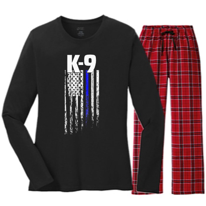 K9 Police Officer USA Flag LEO Cops Law Enforcement Women's Long Sleeve Flannel Pajama Set 