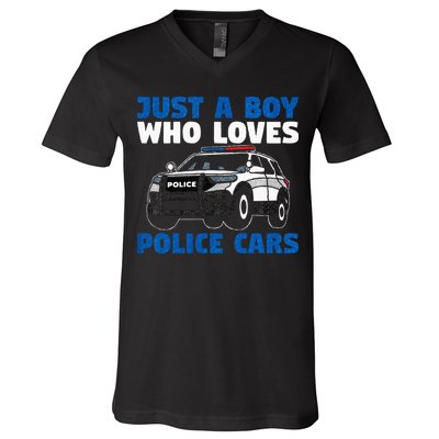 Kids Police Officer Just A Boy Who Loves Police Cars V-Neck T-Shirt