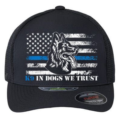 K9 Police Officer Blue Line We Trust K9 Police Dog Flexfit Unipanel Trucker Cap