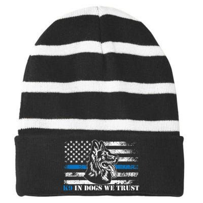 K9 Police Officer Blue Line We Trust K9 Police Dog Striped Beanie with Solid Band