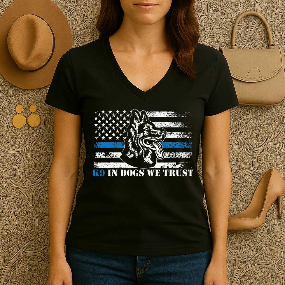 K9 Police Officer Blue Line We Trust K9 Police Dog Women's V-Neck T-Shirt