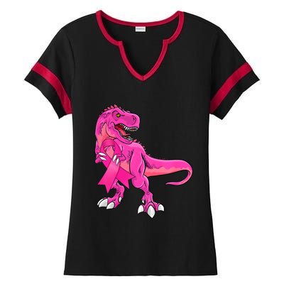 Kids Pink Ribbon Dinosaur Breast Cancer Awareness Boy Ladies Halftime Notch Neck Tee