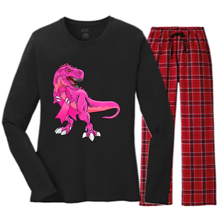 Kids Pink Ribbon Dinosaur Breast Cancer Awareness Boy Women's Long Sleeve Flannel Pajama Set 