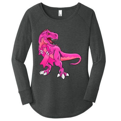 Kids Pink Ribbon Dinosaur Breast Cancer Awareness Boy Women's Perfect Tri Tunic Long Sleeve Shirt