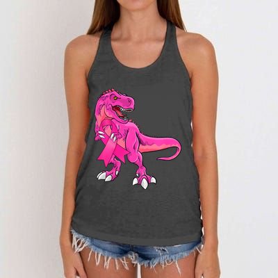 Kids Pink Ribbon Dinosaur Breast Cancer Awareness Boy Women's Knotted Racerback Tank