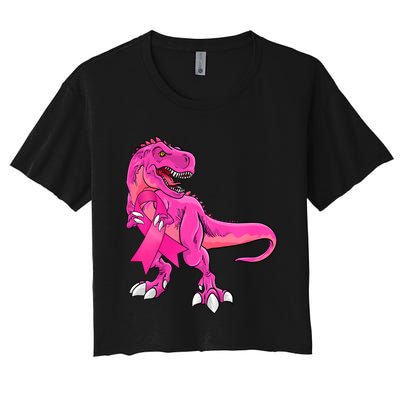 Kids Pink Ribbon Dinosaur Breast Cancer Awareness Boy Women's Crop Top Tee