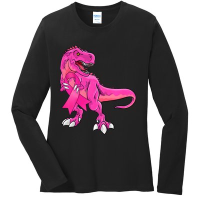 Kids Pink Ribbon Dinosaur Breast Cancer Awareness Boy Ladies Long Sleeve Shirt