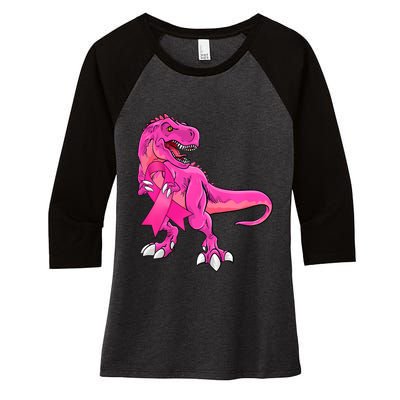 Kids Pink Ribbon Dinosaur Breast Cancer Awareness Boy Women's Tri-Blend 3/4-Sleeve Raglan Shirt