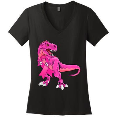 Kids Pink Ribbon Dinosaur Breast Cancer Awareness Boy Women's V-Neck T-Shirt