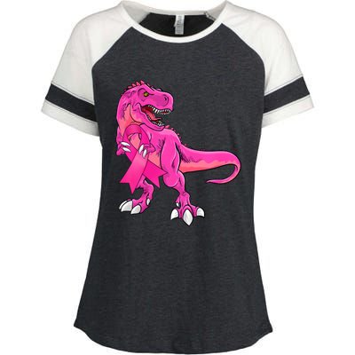 Kids Pink Ribbon Dinosaur Breast Cancer Awareness Boy Enza Ladies Jersey Colorblock Tee