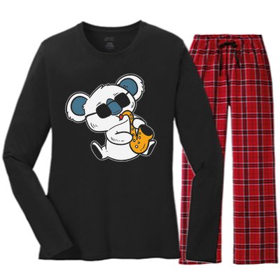 Koala Playing Saxophone Cute Band Member Women's Long Sleeve Flannel Pajama Set 